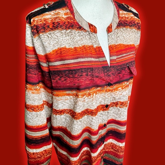 Calvin Klein Women’s ‘Roll Sleeve Printed Everyday Blouse’ in Red Abstract Multi - Picture 4 of 12